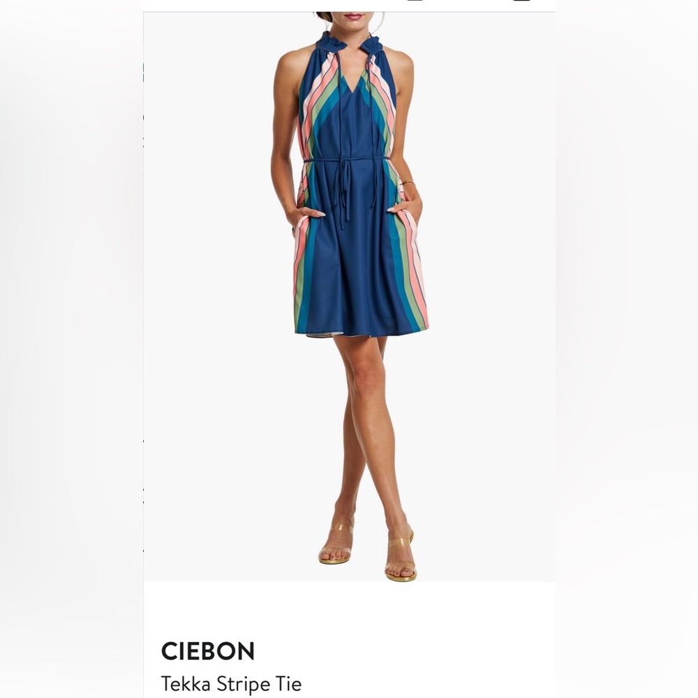 CEIBON Tekka Stripe Tie Neck Minidress